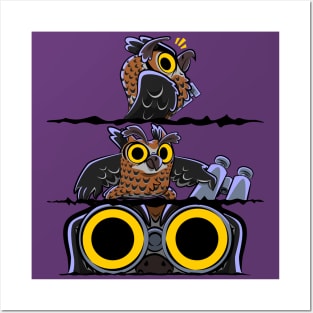 Hoo's There? | Funny Great Horned Owl Eyes Night With Binoculars Comic Posters and Art